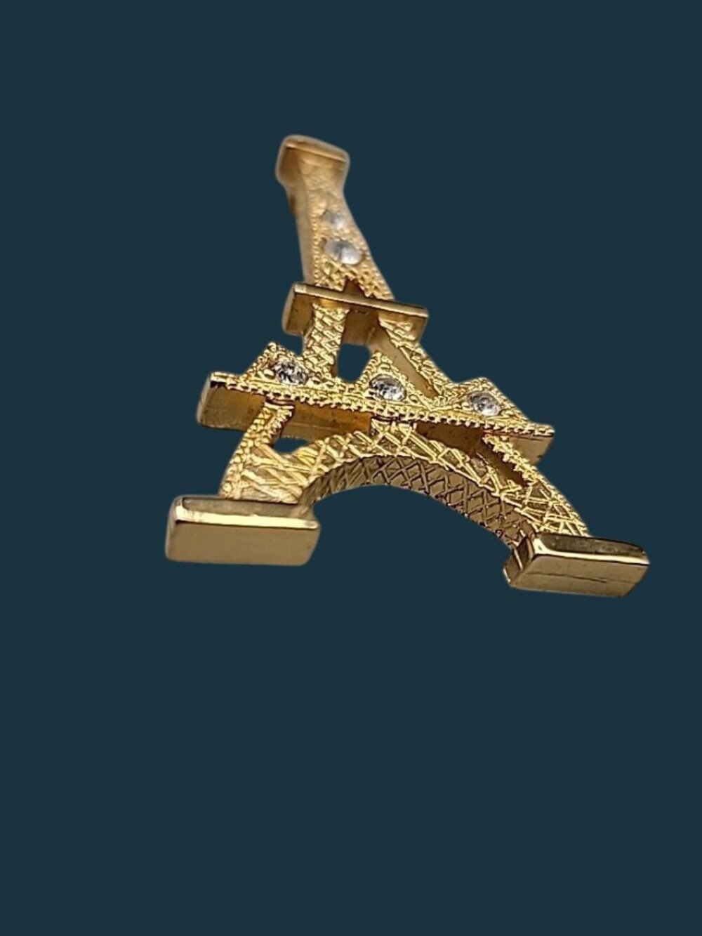 Vintage Rhinestone Eiffel Tower Brooch Gold Tone Open Work Cross Stitch Paris - Picture 6 of 7